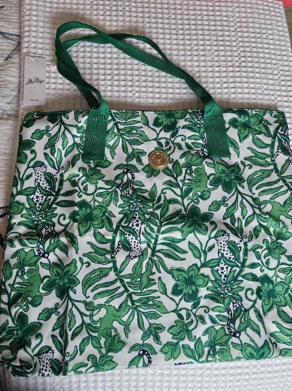 Lilly Pulitzer Green Floral Print Tote with Gold Emblem